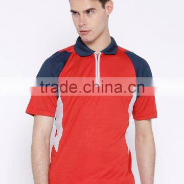 Men Red Colourblocked Spread Collar T-Shirt Stylish Spread Collar Tee Concealed Short Zip Closure Custom Mesh Polyester Material photo-2