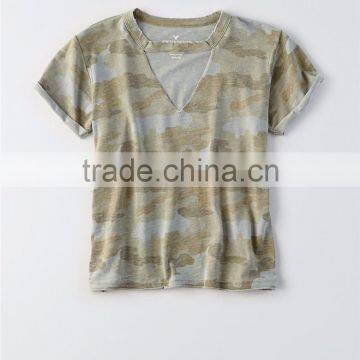 MGOO Wholesale Slim Fit Raw Cut Hems Camo T Shirts Full Digital Print Cutout T Shirt For Women photo-3