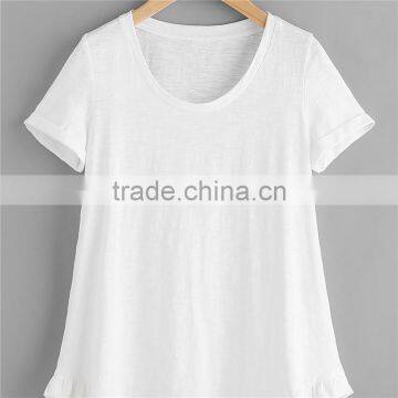 Plain White and Grey Pure Cotton Roll Cuff Ruffle Trim Slub T-shirt photo-2