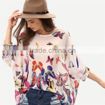 2017 Ladies Boho Batwing Sleeve Chiffon Butterfly Neck Design Blouse photo-2