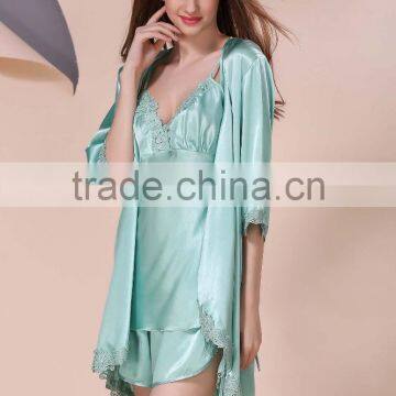 Ms Summer Sexy Female Emulation Silk Pajamas, Silk Nightgown Embroidered Condole Shorts Long-sleeved Gown Three Suits photo-5