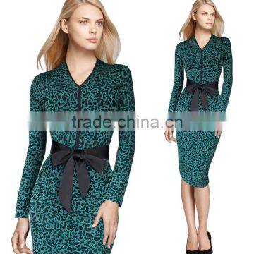 Women's Elegant V Neck Leopard Print Contrast Bow Belted Tunic Work Office Business Sheath Pencil Bodycon Dress