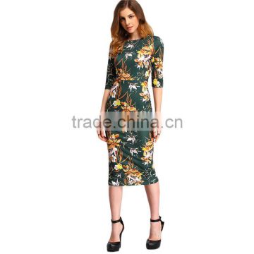 Womens Autumn Dress Bodycon Dresses New Vintage 2016 Spring Summer Office Green Mock Neck Floral Pencil Midi Dress