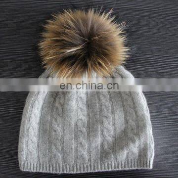 Hot seller 7gg cable knit pure cashmere beanie hat with fur pompom