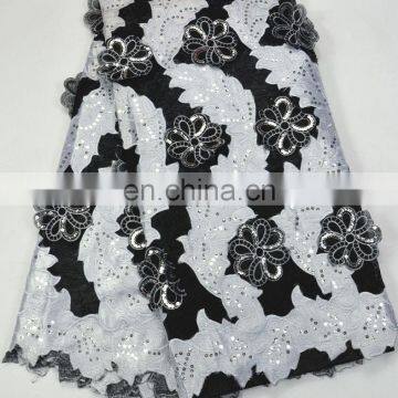 Black +White African Swiss 3D Flower Organza Lace Fabric ,Net sequins organza lace fabric ,wedding lace fabric high quality