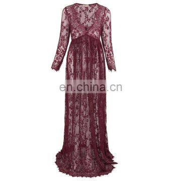 Kate Kasin Maternity Sexy Deep V-Neck Long Sleeve See-Through Wine Lace Maxi Long Maternity Dress KK001082-3