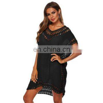 Solid Color V-neck Hand Hook Stitching Sexy Hollow Loose Beach Bikini Blouse Skirt Dress photo-5