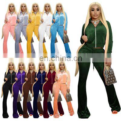 European and American cross-border Amazon two-piece solid color cardigan long-sleeved sexy cropped leisure sports suit women