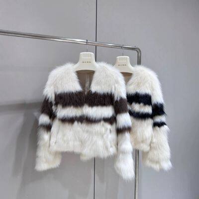 Mist City Lover Fox Fur Grass Coat for Young Women, One Piece Fur Stripe Contrast