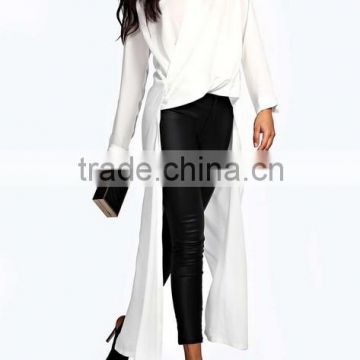 2015 china manufacturer customized ladies maxi length drape front shirt