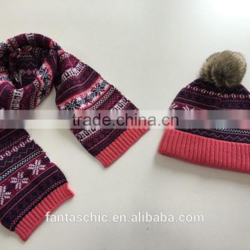 Children fashional snow kintted jacquard winter hat scarf set