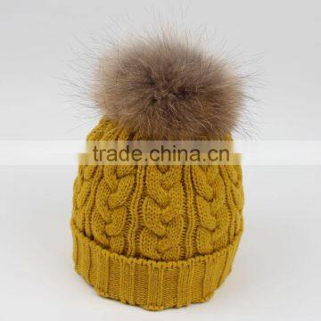 Custom Wool Knitted Racoon Fur Pom Pom Beanie Hat