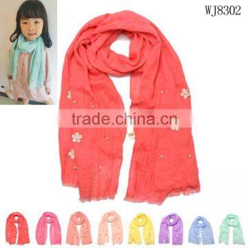 2015 Autumn Winter Newest Small Flower Applique Pearl Beads Fixed Soft Cotton Baby Girl Scarf