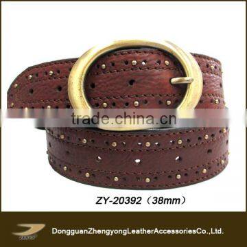 Western Mens Metal Studs Leather Belts With Golden Round Buckle