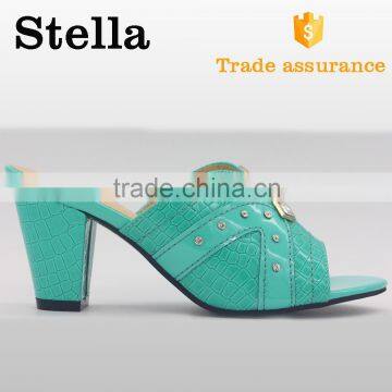 fashion middle heel metal buckle leather upper rubber slipper