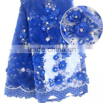 High quality royal blue french lace with hand work stones flower net lace embroidery with applique