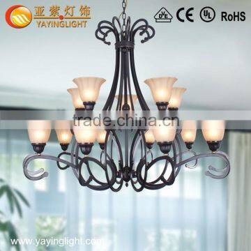 Europe style bedroom vintage glass wrought iron chandelier,hotel living room wrought iron chandelier