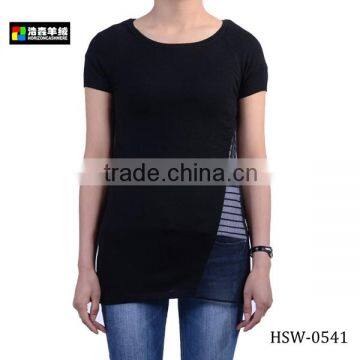 Ladies Black Silk Cashmere Short Sleeve Sweater, Special Design Black Round Neck Sweater