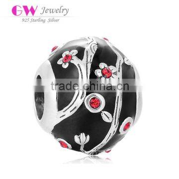 D192 jewelry black enamel beads,silver plum charm with red crystal for bracelet