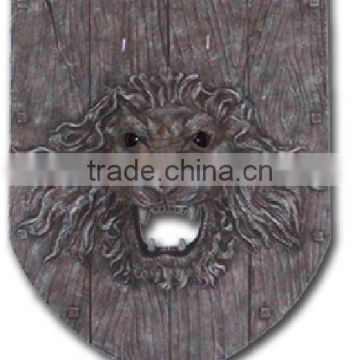 Skull metal plaque embossed wooden wall shield