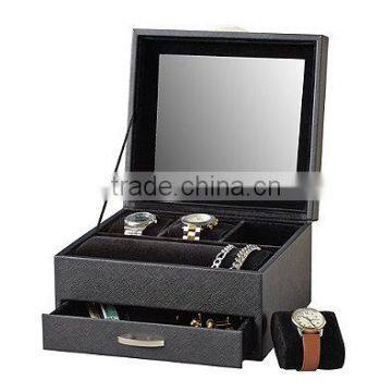Watch Box Black Leather Display Glass Top Jewelry Case Organizer photo-2