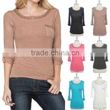 Woman Casual Fitted 3/4 Sleeve Studded Top Chest Pocket Round Neck T shirt 2014
