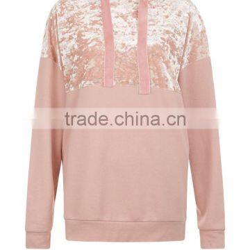 Women Oversized Loose Pockets Sides Crushed Velvet Panel Yoke Hoodie Pink Drop Shoulder Cotton Pullover photo-5