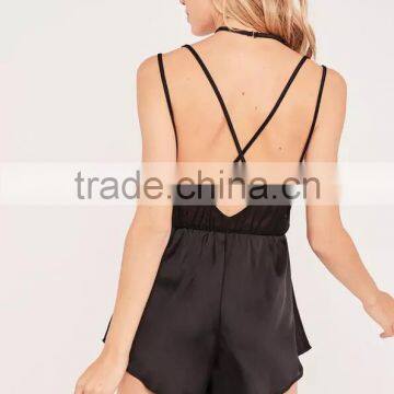 2017 Sexy Black Satin Pyjama Set Embroidered Custom Logo Harness Sweet Floral Teddy With Elasticated Waist photo-2