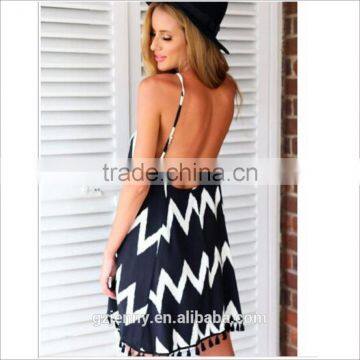 Europe Women Ethnic White Stripped Beach Wear Mini Backless Dress photo-3