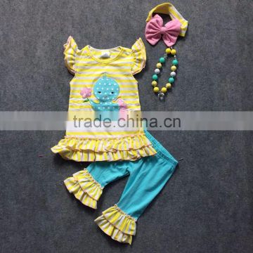 Easter design new arrival Girls chick yellow stripes solid bule capris with matching headband and necklace set