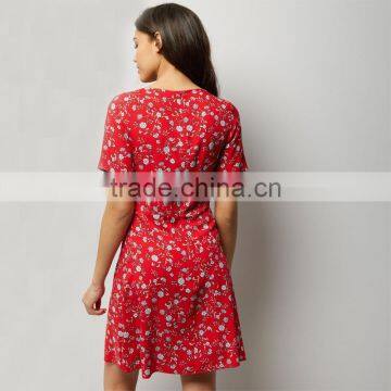 RED Self Bow V-neck Women Printed Short Sleeve Dress photo-4