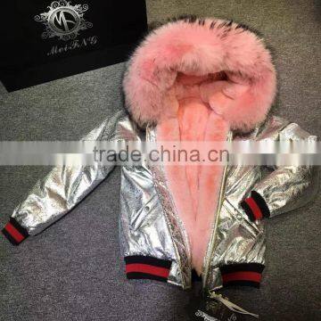 2017 Winter Fashion Sliver Leather Jacket With Pink Faux Fur Lined Leather Wear photo-4