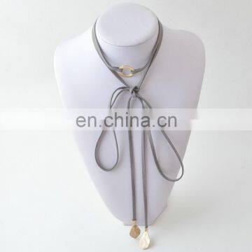 Layered Gray Knot Suede Wrap Necklace Gold Circle Pendant Bohemian Choker Necklace Jewelry photo-2