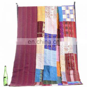 Indian Latest Patchwork Kantha Quilt Indian Antique Handmade Ikat Silk Queen Size Bed Cover