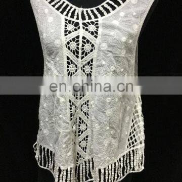 latest 100% cotton women/lady blouse & top with fringe/tassel/macrame white Floral ladies sexy ladies cotton tops and blouses