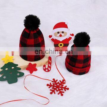 Cowinner Xmas Plaid Knit Matching Hats For Mom And Baby Christmas Buffalo Knit Warm Beanies Hat With Pom Pom Ball photo-5