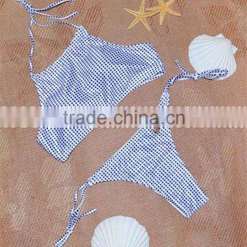 2016 Summer New Small Plaid Halter High Neck Bikini Set Crop Top Sey Thong Triangle Bottom Bandage Women Swimwears SwimSuit photo-5
