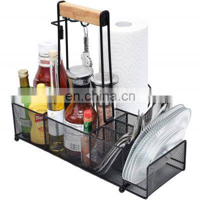 Grill utensil caddyBBQ and Picnic Caddy with Paper Towel Holder Plates, Cutlery and Condiment Bottles Organizer for Grill