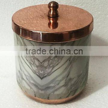 ROUND CERAMIC COPPER-BRASS-NICKEL-SILVER CANDLE CONTAINER WITH LID , CANDLE T-LIGHT COPPER CONTAINER