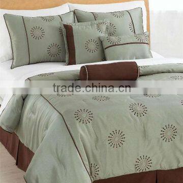 7 Pcs Gorgeous Embroidery Flower Comforter Set Bed In Grey-green Coffee Color