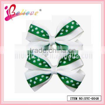 Green and white clover ribbons wholesale ribbon bow hair clips for young girls (SYC-0048)