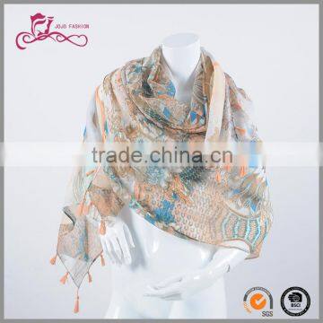 new design fashion voile scarf custom printed long scarf lady scarf with tassels S4286