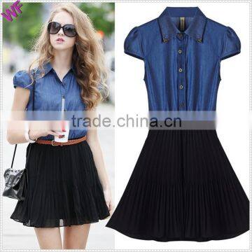 2015 high fashion denim match chiffon dresses chiffion girls denim dress