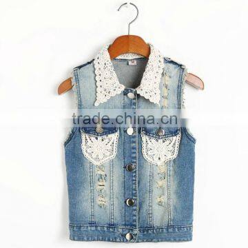 fahsion girls' denim jean vest with grace lace collar,china supplier