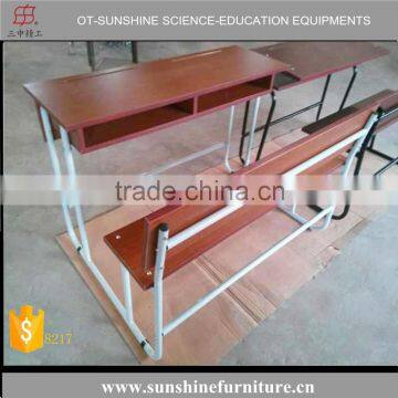 High Quality Classroom Study Table, White Metal Frame Double School Desk and Bench