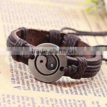 TaiChi Bracelet Genuine Leather bracelet With Engraved Alloy Charm