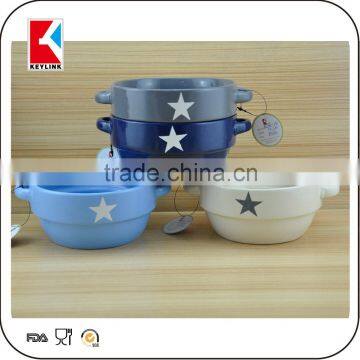 2016 new logo printed ceramic soup bowl with two handle ceramic cereal bowl