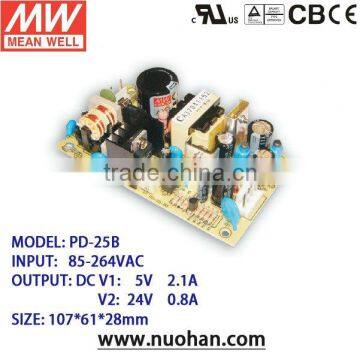 Meanwell dual putput PD-25B 25W PCB type power supply 25w dual output power supply 5v 24v