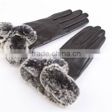 Ladies Fashion Leather Gloves With Rabbit Fur Trim