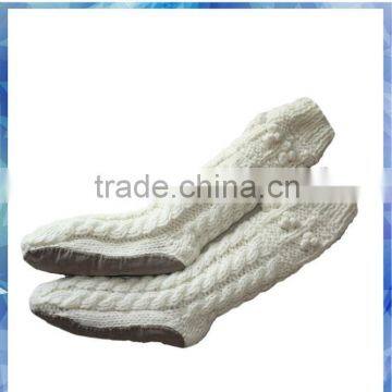 white cable knitted indoor sock with fluffy lining and leather sole